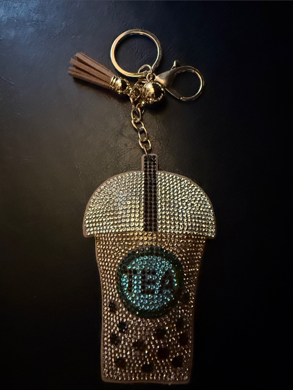 Crystal Embellished Beige Bubble Tea Keychain with Tassel